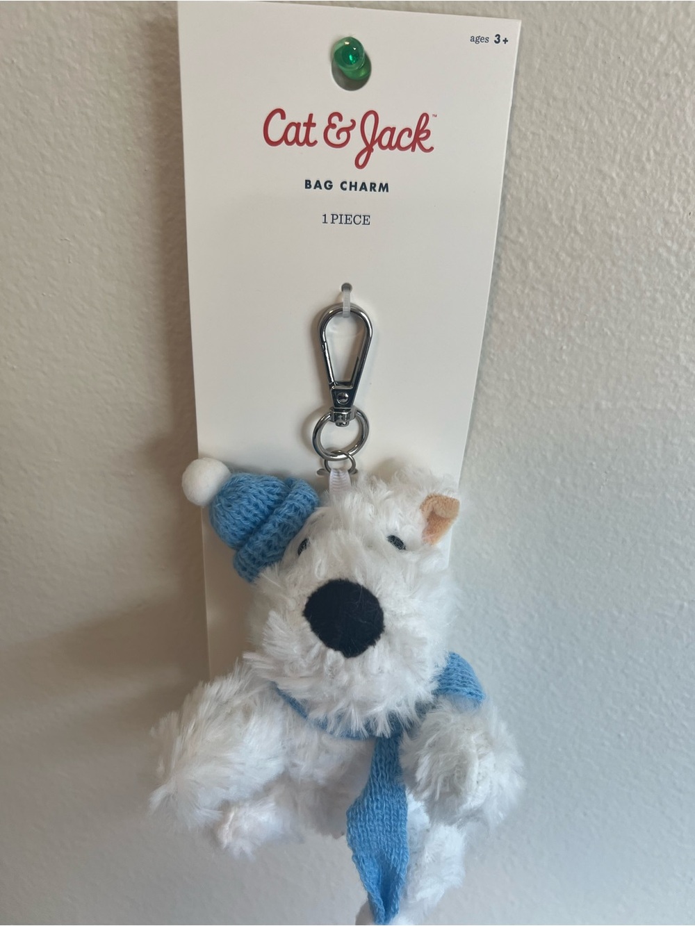 Cat & Jack White Plush Dog Bag Charm with Blue Hat & Scarf NWT